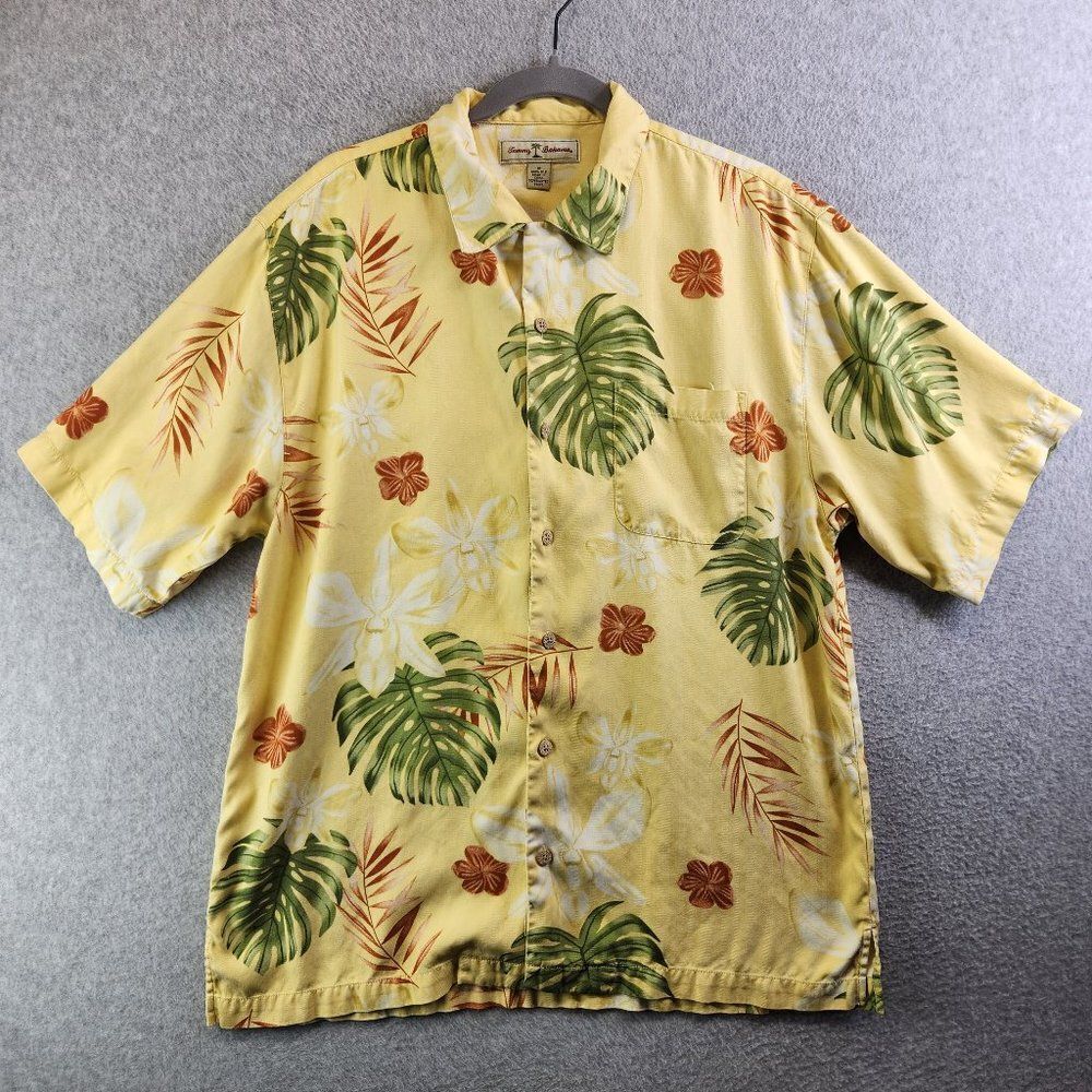 Tommy Bahama Silk Shirt Mens Medium Yellow Tropical Hawaiian Floral Beach Cruise